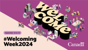 #WelcomingWeek2024. An illustration of a diverse community gathered around the word “Welcome.”